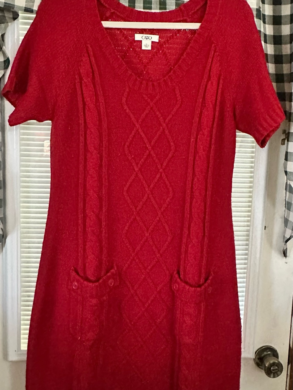 Cato Red Short-Sleeve Cable Knit sweater dress with Front Pockets